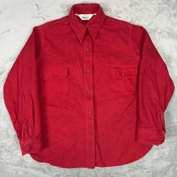 Vintage 80s Woolrich‎ Shacket Chamois Adult Button Up Shirt Work Heavy Red Large - Picture 1 of 11